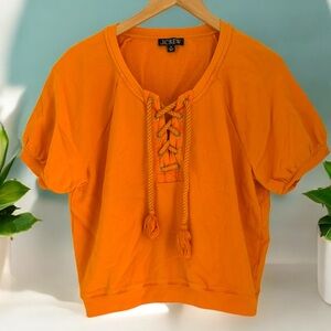 J Crew Short Sleeve Sweatshirt Women Medium Lace-Up V neck Bright Orange Retro